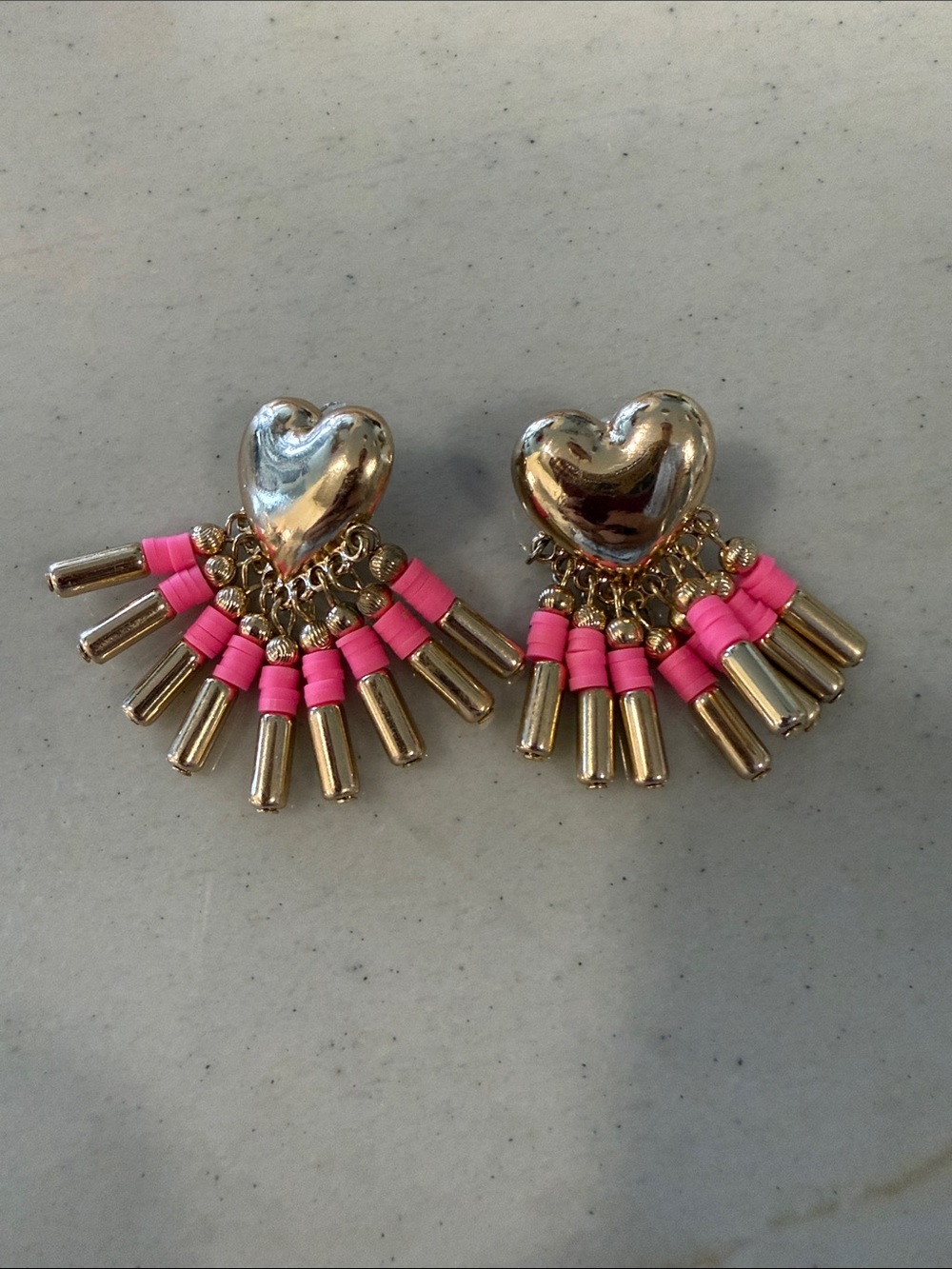 Gold Heart Drop Earrings with Pink Bead Accents